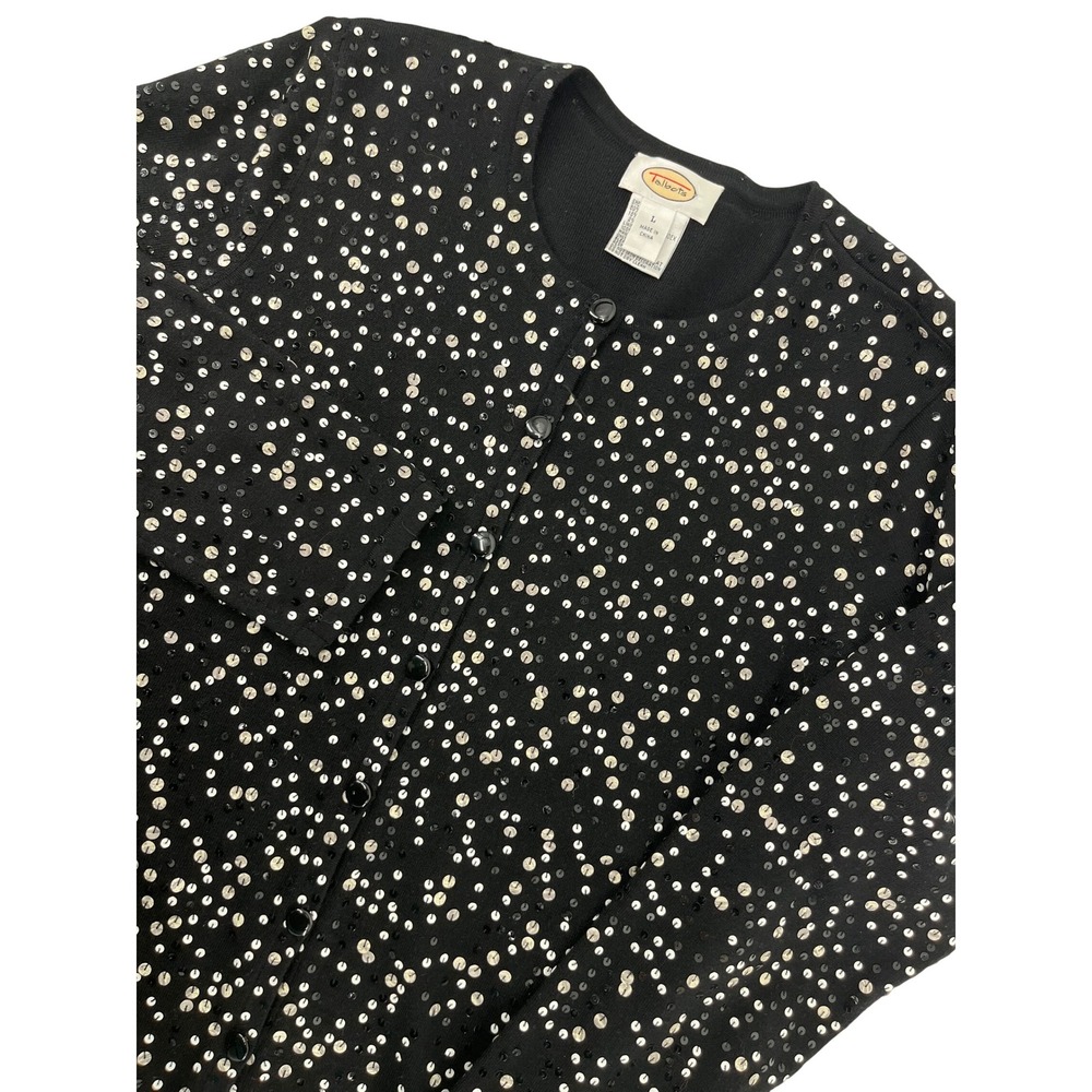 Talbots Womens Cardigan Black Sequins Knit Button Down Long Sleeve L Merino wool